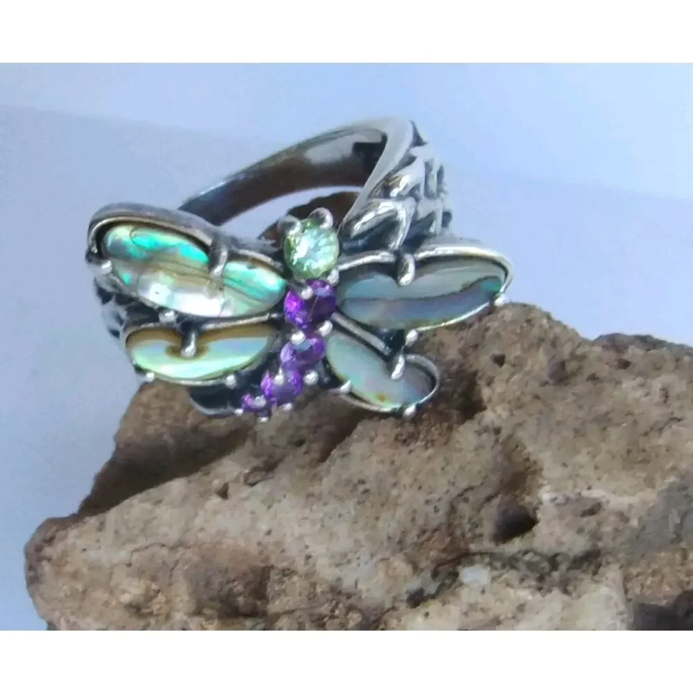 Carolyn Pollack NEW Sterling Silver Abalone Amethyst & Peridot Dragonfly Ring 8